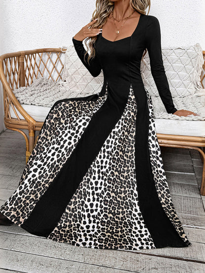 Maxi Dresses - Elegant Leopard Panel Maxi Dress for Winter Events