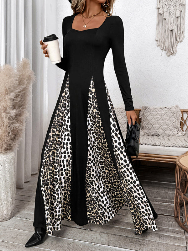 Maxi Dresses - Elegant Leopard Panel Maxi Dress for Winter Events