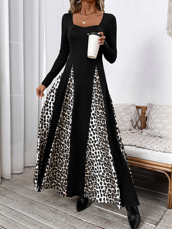 Maxi Dresses - Elegant Leopard Panel Maxi Dress for Winter Events