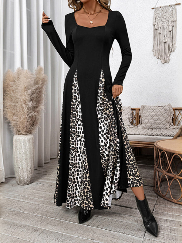 Maxi Dresses - Elegant Leopard Panel Maxi Dress for Winter Events