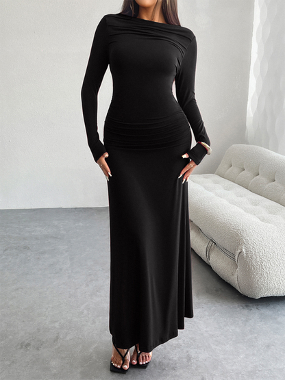 Maxi Dresses- Elegant Long-Sleeve Maxi Dress for Autumn Cocktails- Black- Pekosa Women Fashion