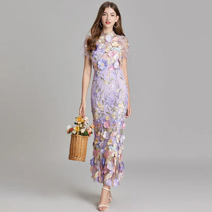 Maxi Dresses - Elegant Mesh Fishtail Dress with 3D Flower Appliqué