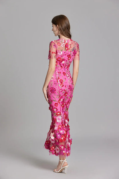 Maxi Dresses - Elegant Mesh Fishtail Dress with 3D Flower Appliqué