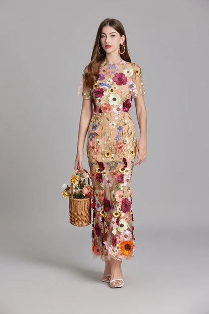 Maxi Dresses - Elegant Mesh Fishtail Dress with 3D Flower Appliqué