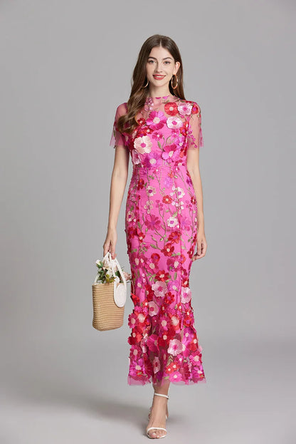 Maxi Dresses - Elegant Mesh Fishtail Dress with 3D Flower Appliqué