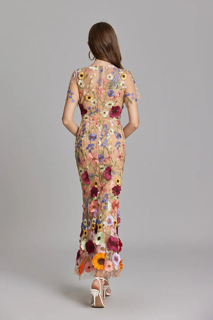 Maxi Dresses - Elegant Mesh Fishtail Dress with 3D Flower Appliqué