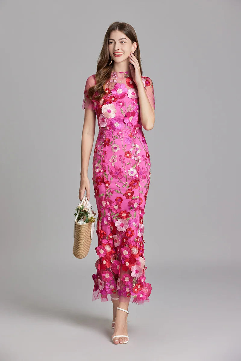 Maxi Dresses - Elegant Mesh Fishtail Dress with 3D Flower Appliqué