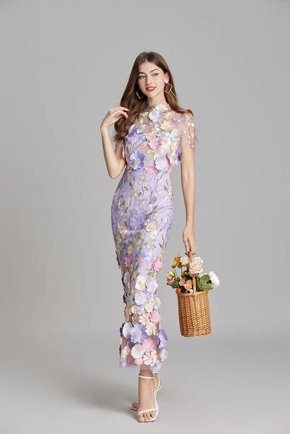 Maxi Dresses - Elegant Mesh Fishtail Dress with 3D Flower Appliqué