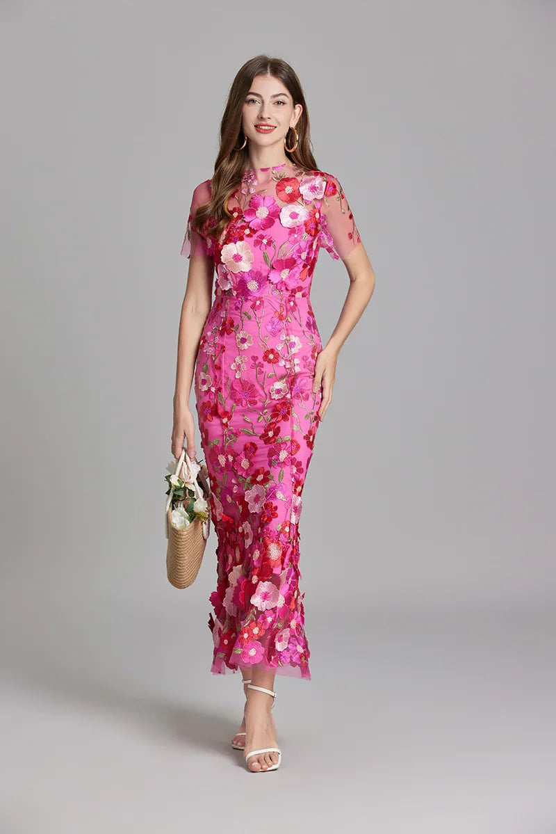 Maxi Dresses - Elegant Mesh Fishtail Dress with 3D Flower Appliqué