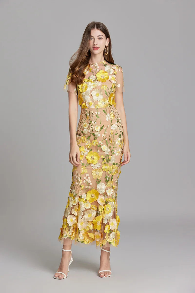 Maxi Dresses - Elegant Mesh Fishtail Dress with 3D Flower Appliqué