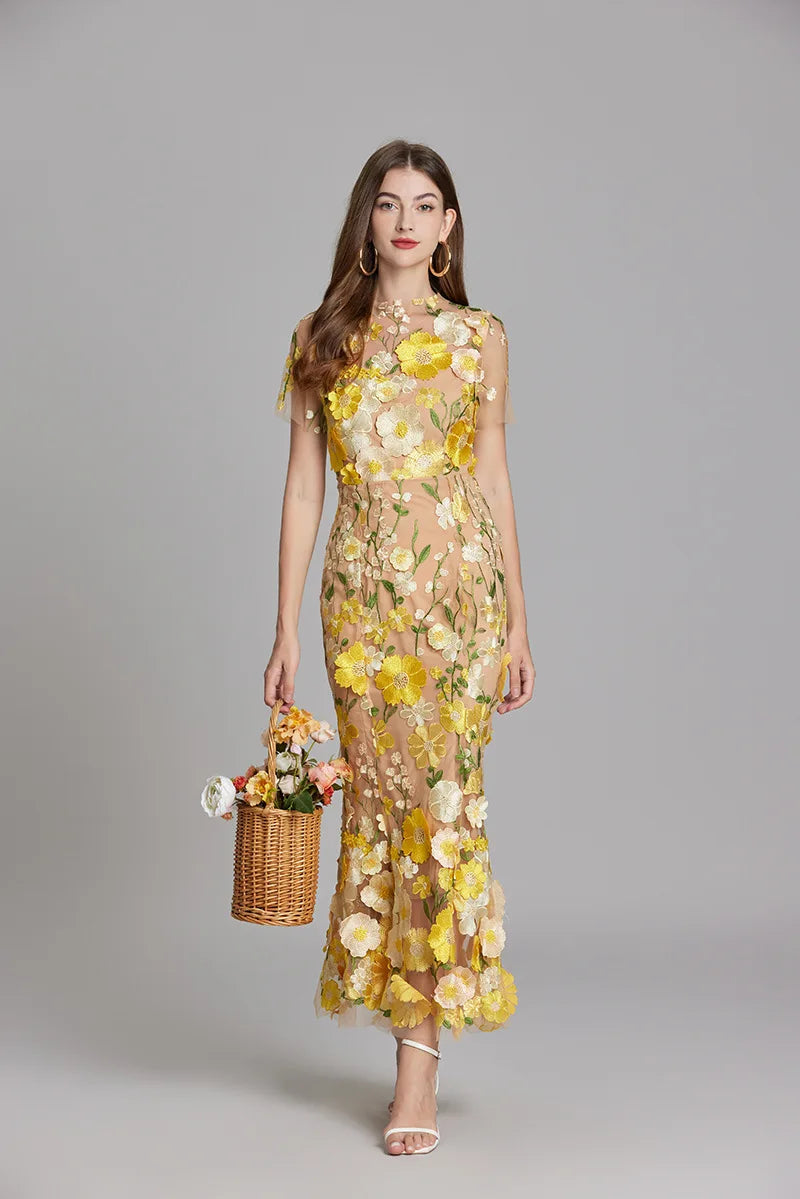 Maxi Dresses - Elegant Mesh Fishtail Dress with 3D Flower Appliqué