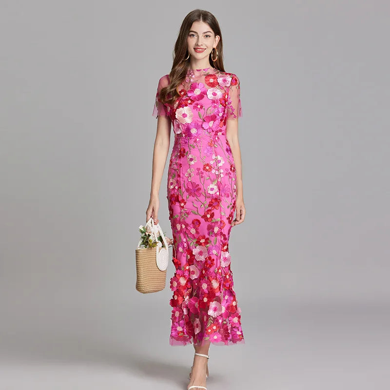 Maxi Dresses - Elegant Mesh Fishtail Dress with 3D Flower Appliqué