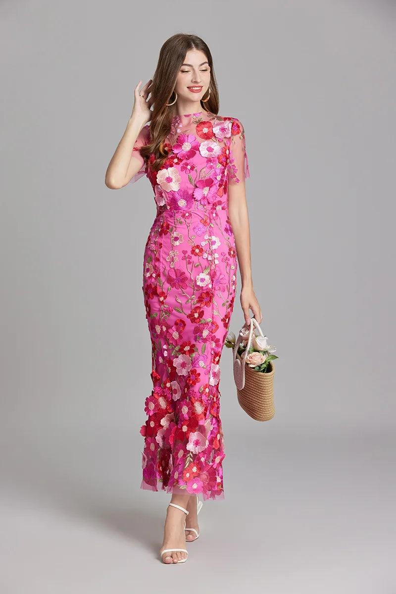 Maxi Dresses - Elegant Mesh Fishtail Dress with 3D Flower Appliqué