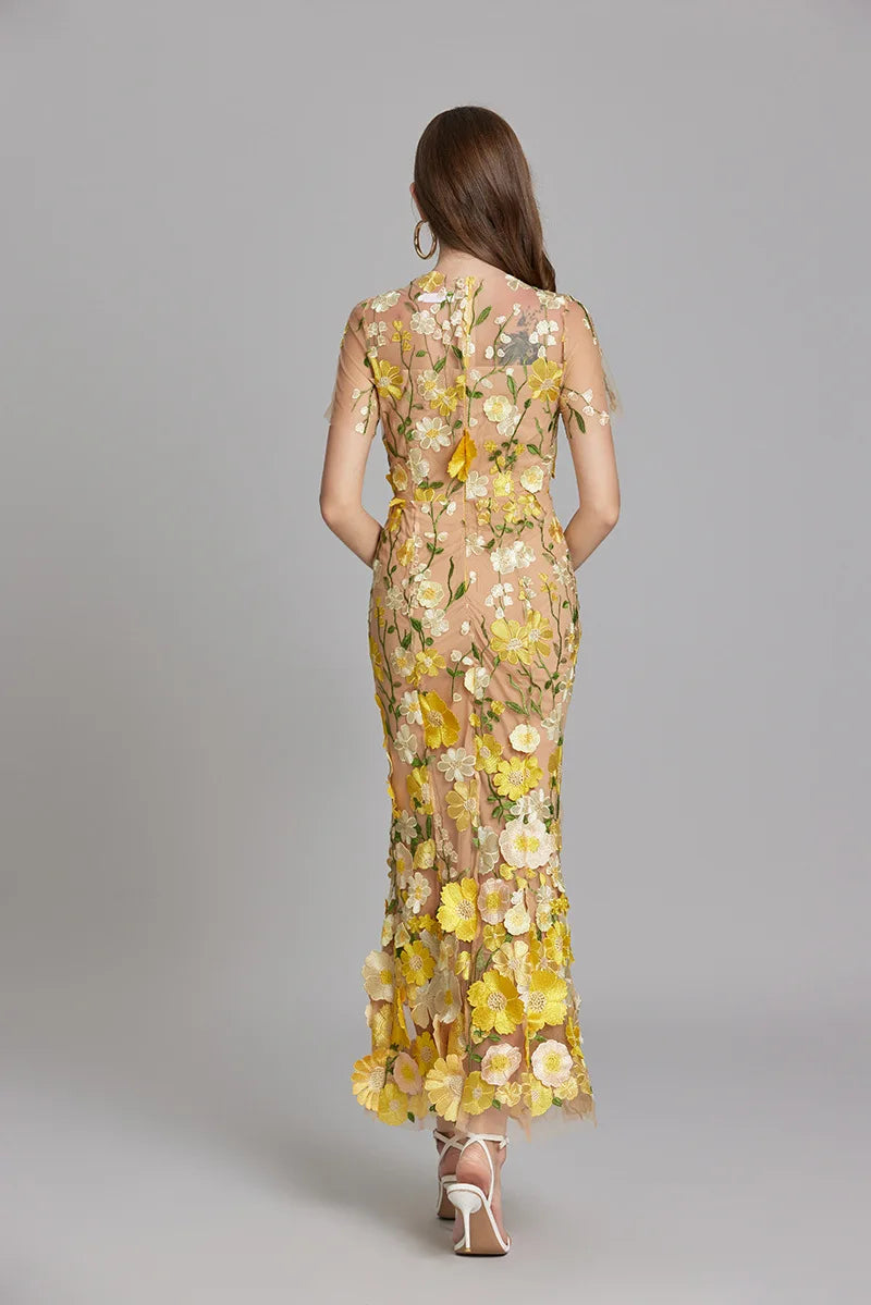 Maxi Dresses - Elegant Mesh Fishtail Dress with 3D Flower Appliqué