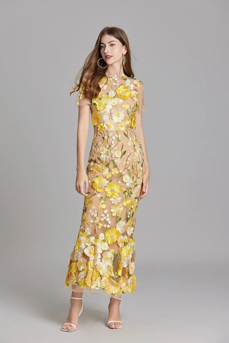 Maxi Dresses - Elegant Mesh Fishtail Dress with 3D Flower Appliqué