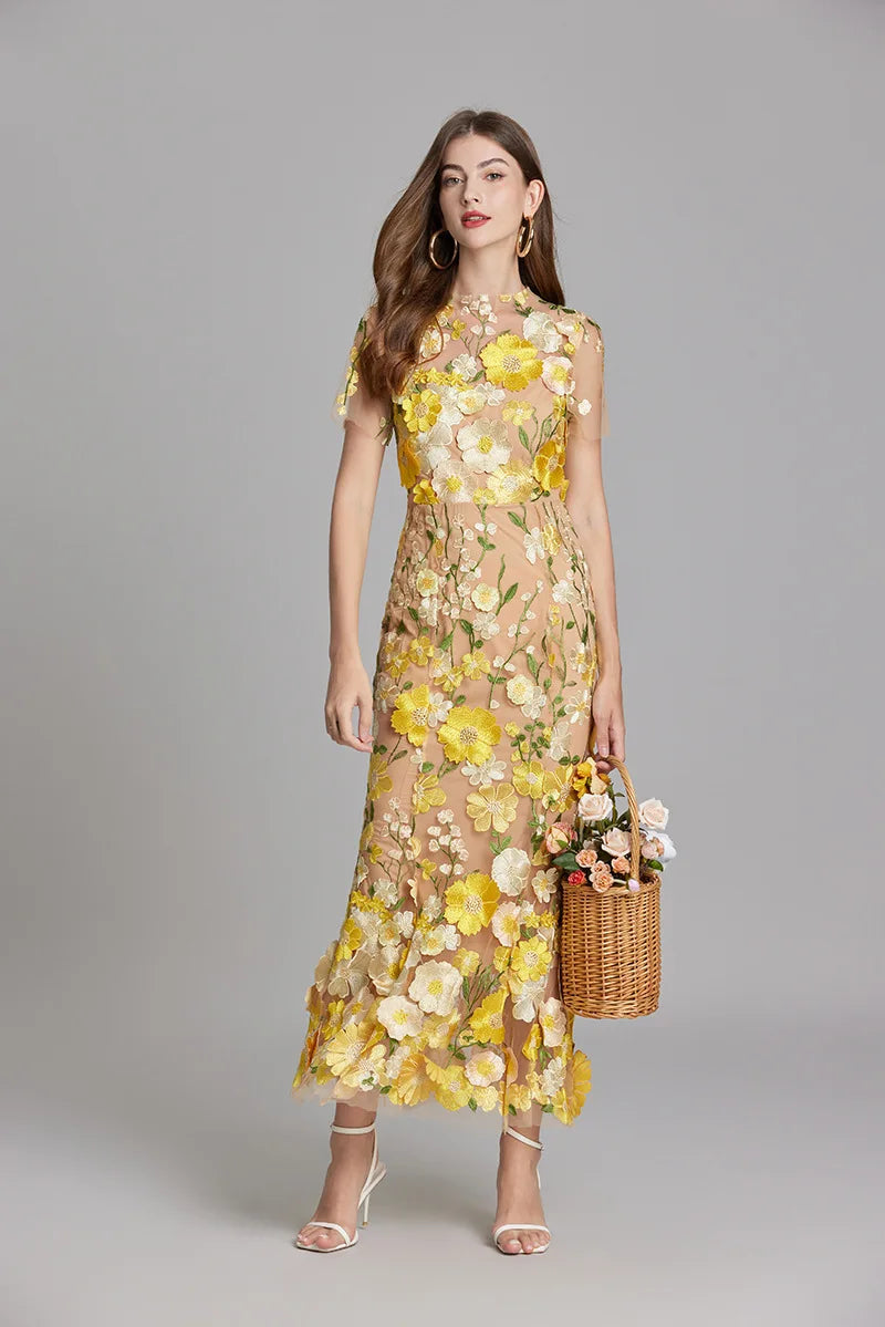 Maxi Dresses - Elegant Mesh Fishtail Dress with 3D Flower Appliqué