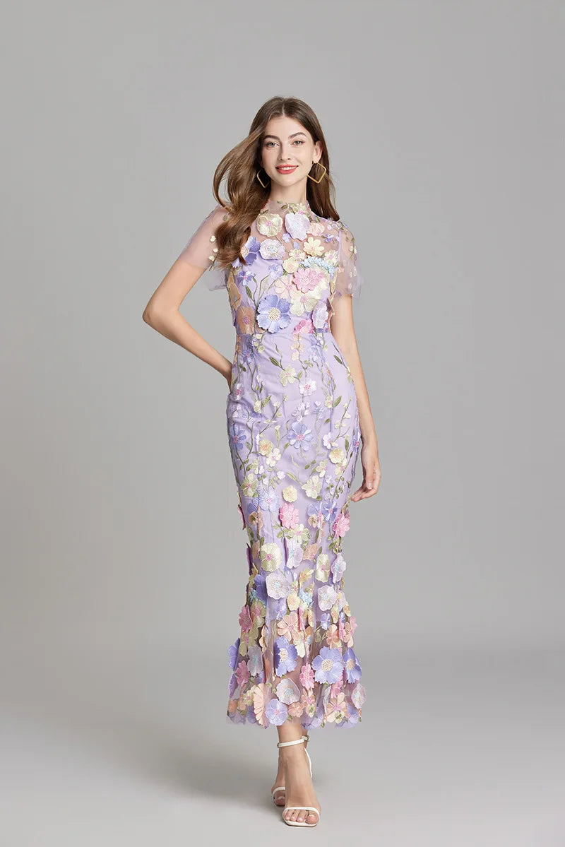 Maxi Dresses - Elegant Mesh Fishtail Dress with 3D Flower Appliqué