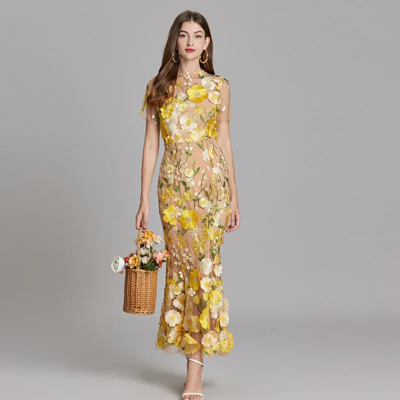 Maxi Dresses - Elegant Mesh Fishtail Dress with 3D Flower Appliqué