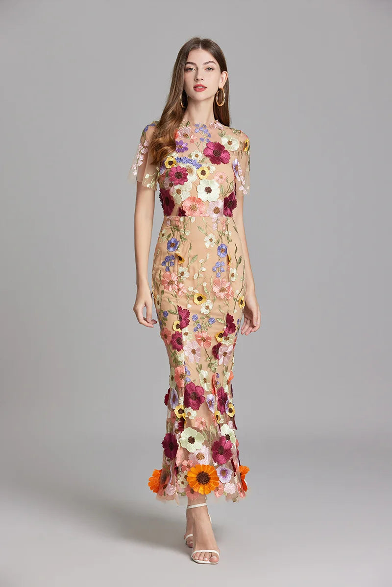 Maxi Dresses - Elegant Mesh Fishtail Dress with 3D Flower Appliqué