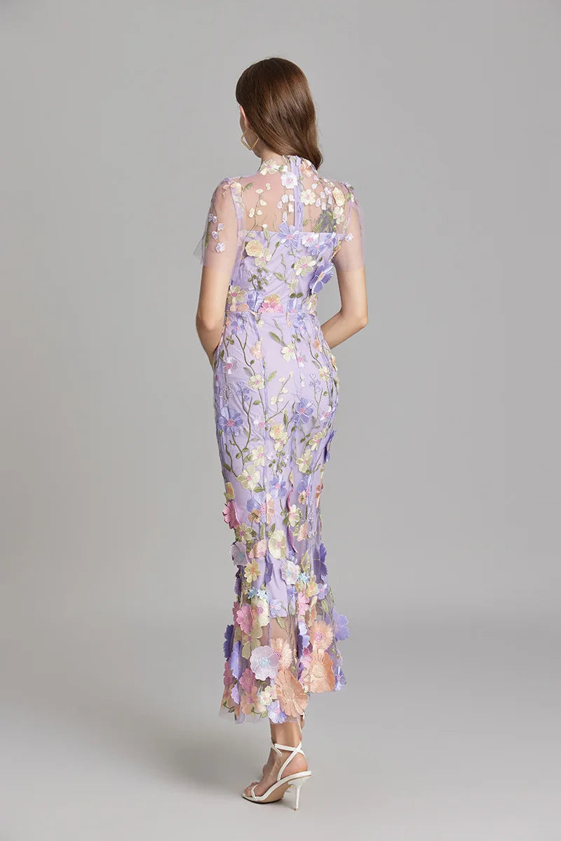 Maxi Dresses - Elegant Mesh Fishtail Dress with 3D Flower Appliqué