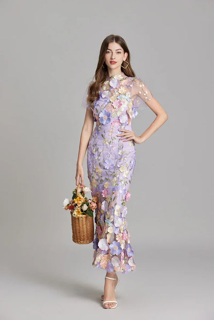 Maxi Dresses - Elegant Mesh Fishtail Dress with 3D Flower Appliqué