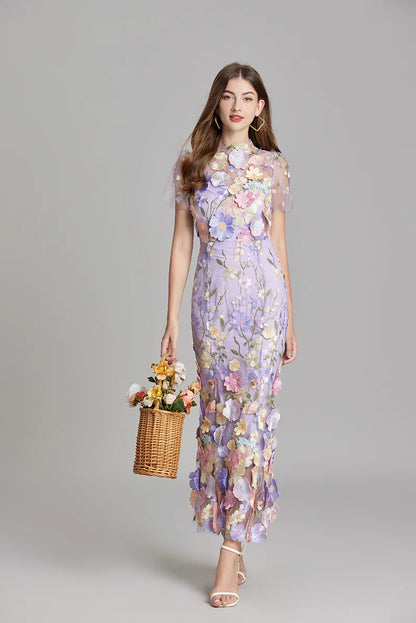 Maxi Dresses - Elegant Mesh Fishtail Dress with 3D Flower Appliqué