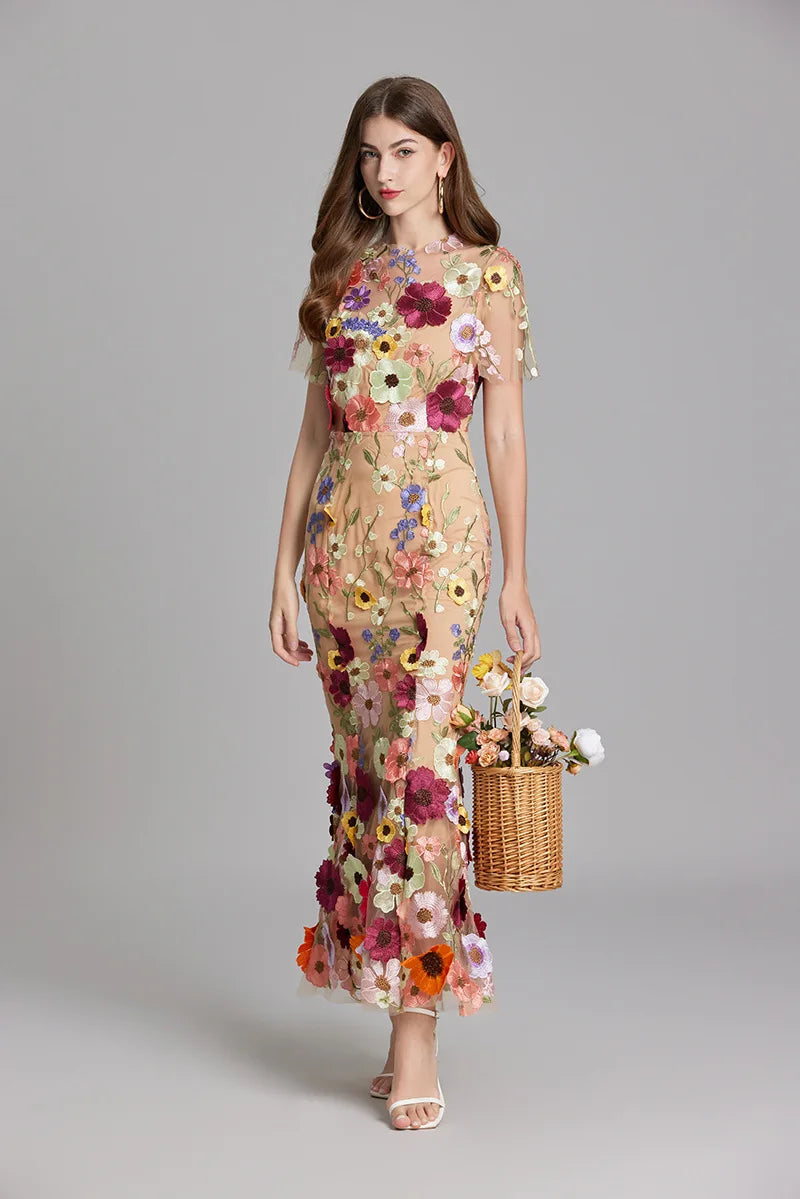 Maxi Dresses - Elegant Mesh Fishtail Dress with 3D Flower Appliqué