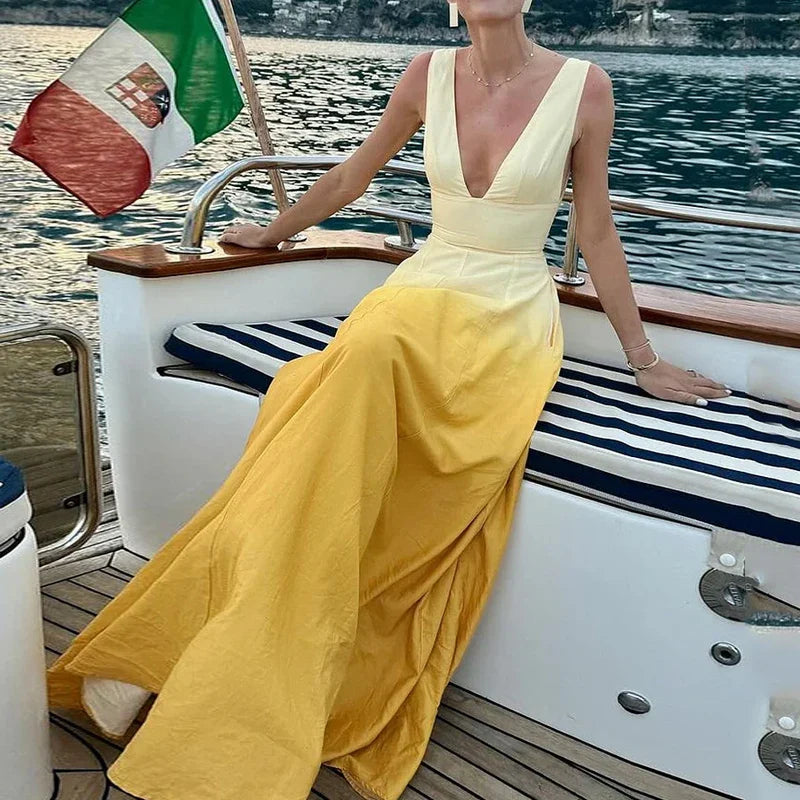 Maxi Dresses- Elegant Ombre V-Neck Floor-Length Gown Vacation Dress- Yellow- Chuzko Women Clothing