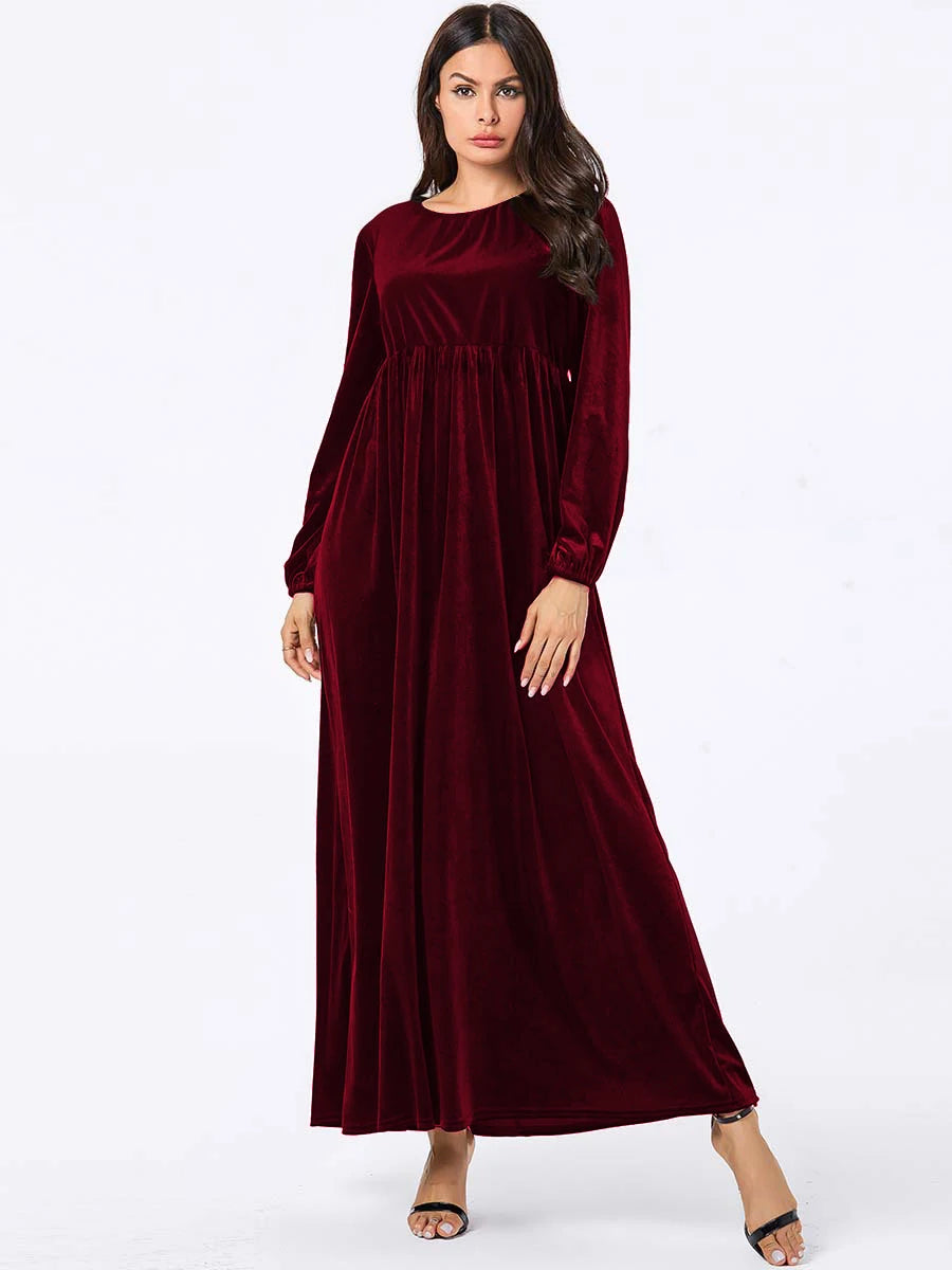 Maxi Dresses - Elegant Plus Size Empire Waist Velvet Long Sleeve Maxi Dress