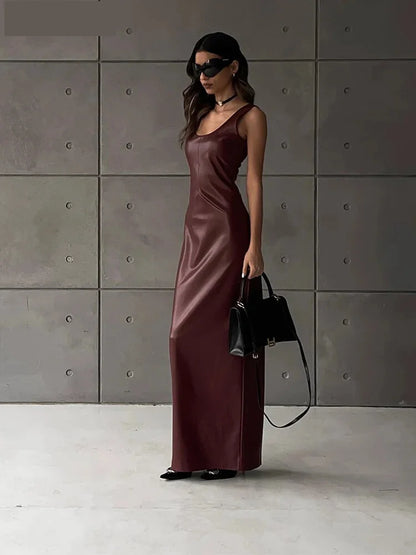 Maxi Dresses - Faux Leather Evening Maxi Dress – Perfect for Fall Parties