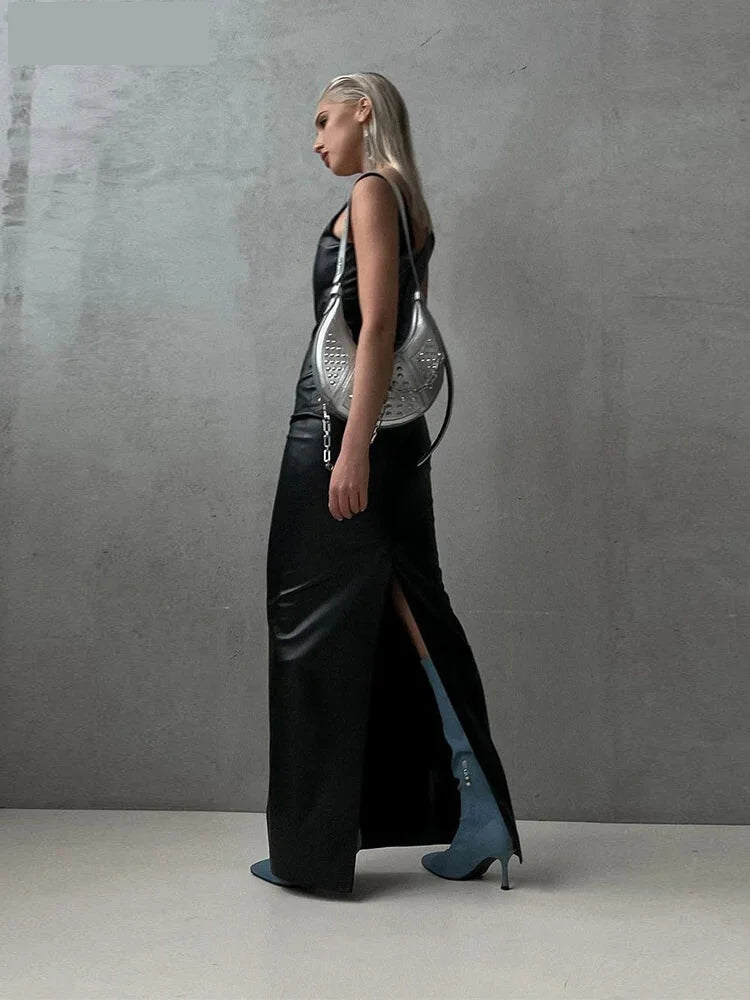 Maxi Dresses - Faux Leather Evening Maxi Dress – Perfect for Fall Parties