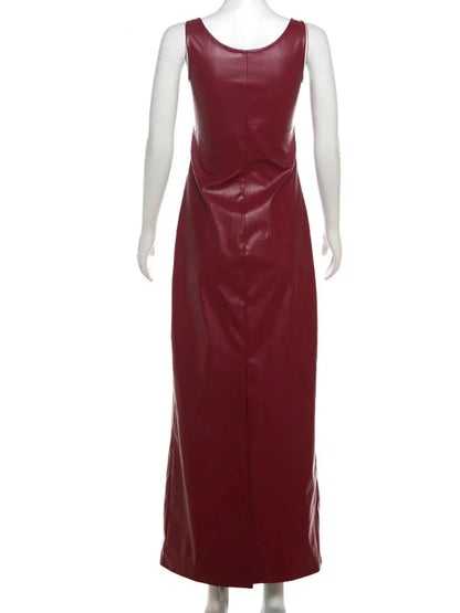 Maxi Dresses - Faux Leather Evening Maxi Dress – Perfect for Fall Parties