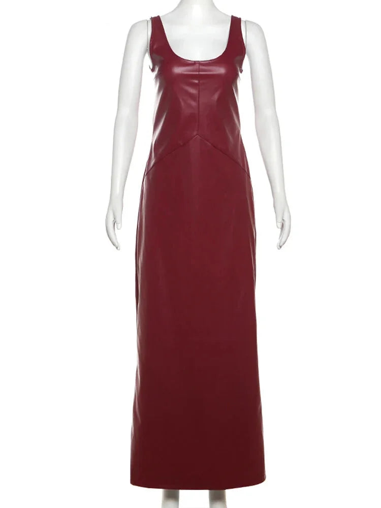 Maxi Dresses - Faux Leather Evening Maxi Dress – Perfect for Fall Parties