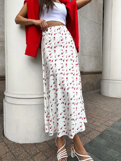 Flourish Elegant Red Floral Maxi Skirt