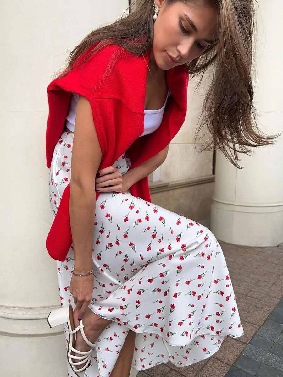 Flourish Elegant Red Floral Maxi Skirt