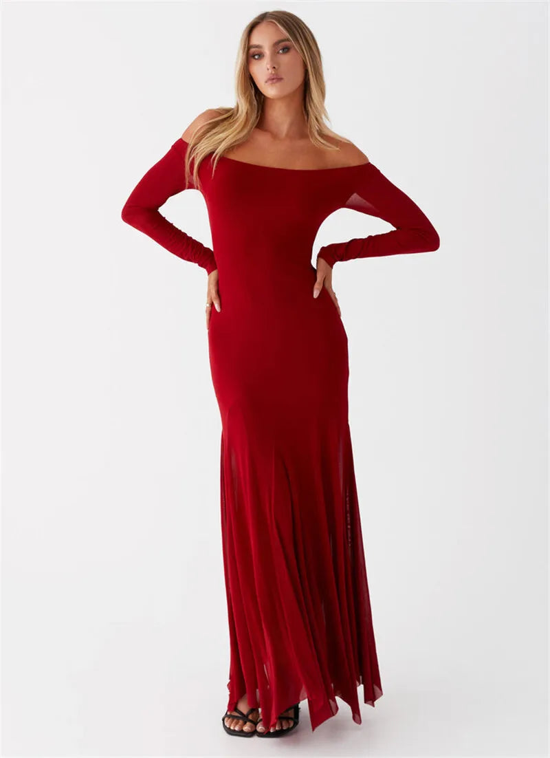 Maxi Dresses- Flowing Maxi Dress with Fitted Sleeves - Ideal for Formal Wear