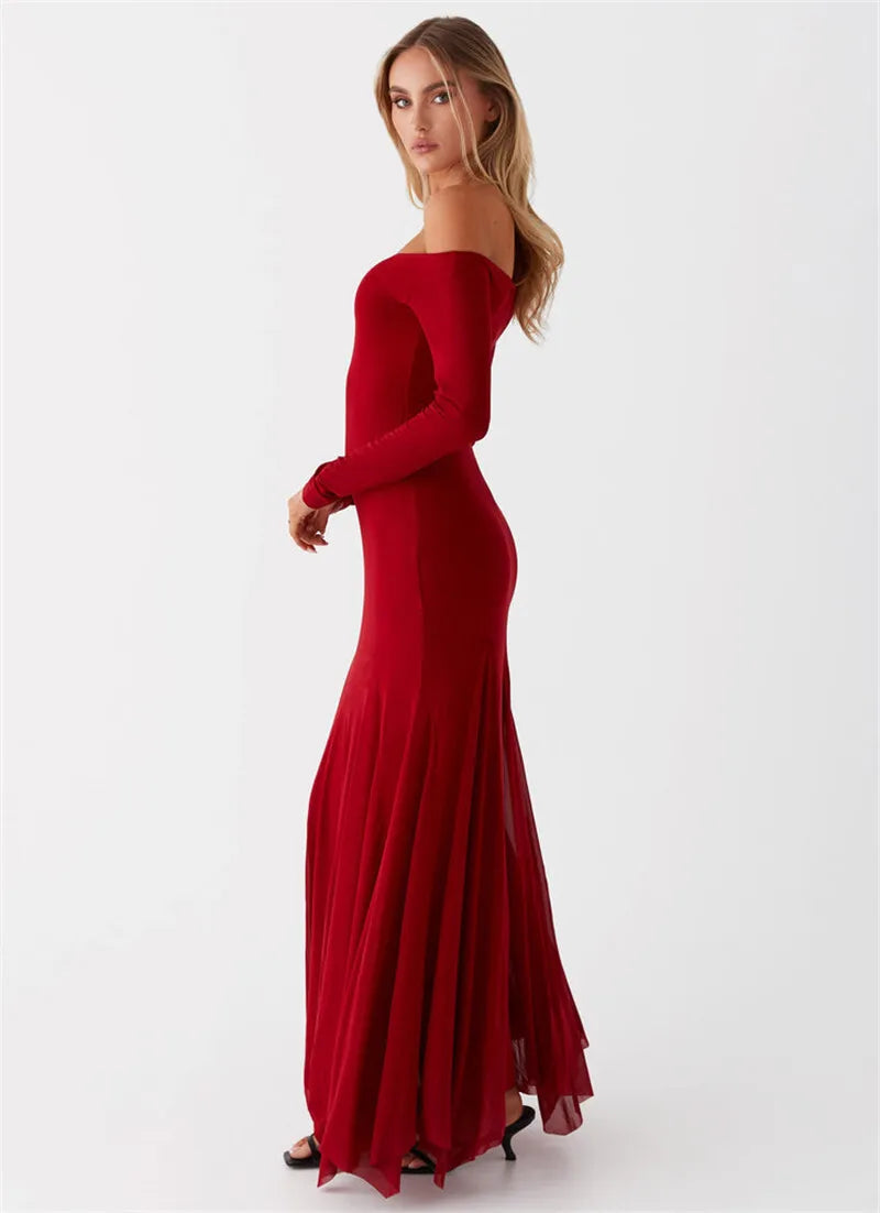 Maxi Dresses- Flowing Maxi Dress with Fitted Sleeves - Ideal for Formal Wear