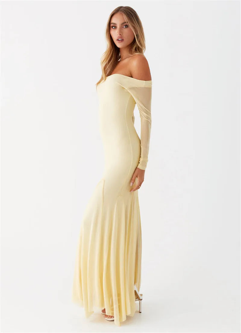 Maxi Dresses- Flowing Maxi Dress with Fitted Sleeves - Ideal for Formal Wear