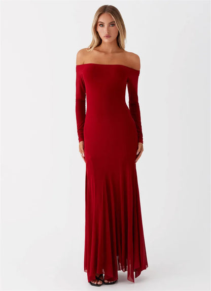 Maxi Dresses- Flowing Maxi Dress with Fitted Sleeves - Ideal for Formal Wear