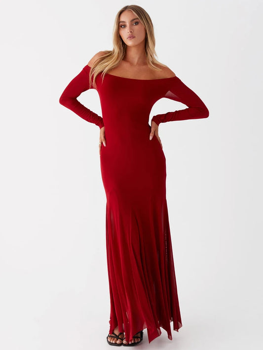 Maxi Dresses- Flowing Maxi Dress with Fitted Sleeves - Ideal for Formal Wear