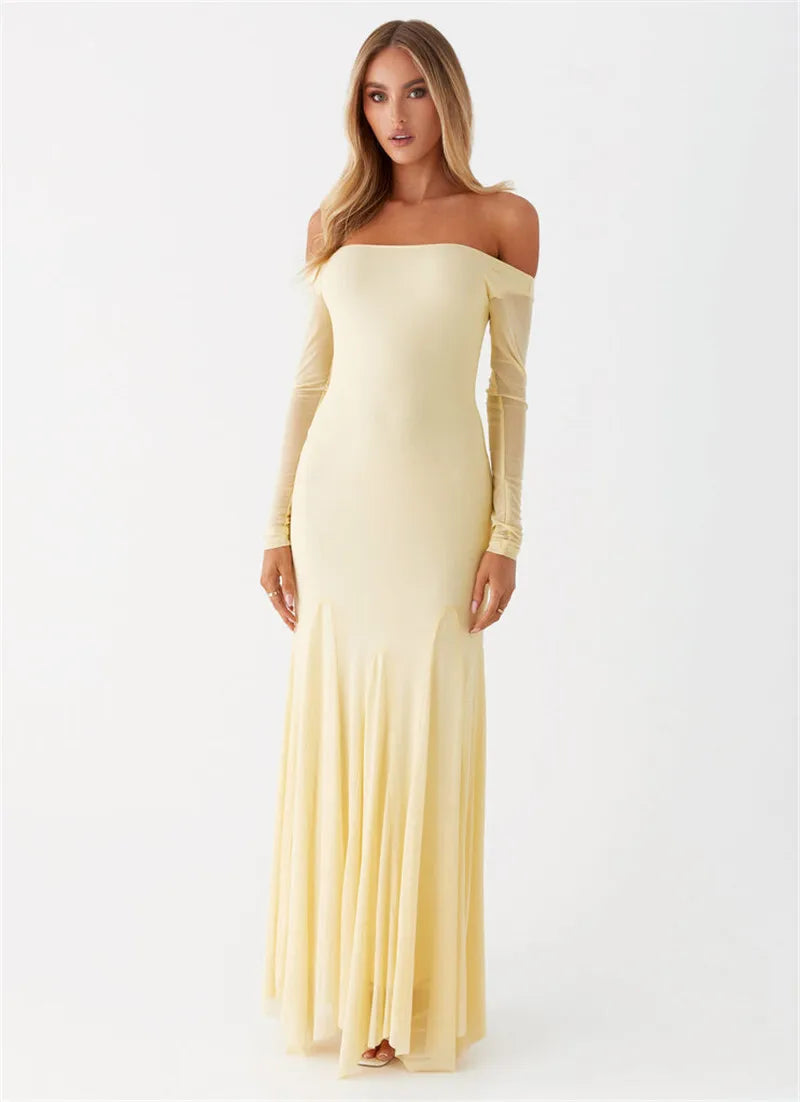 Maxi Dresses- Flowing Maxi Dress with Fitted Sleeves - Ideal for Formal Wear