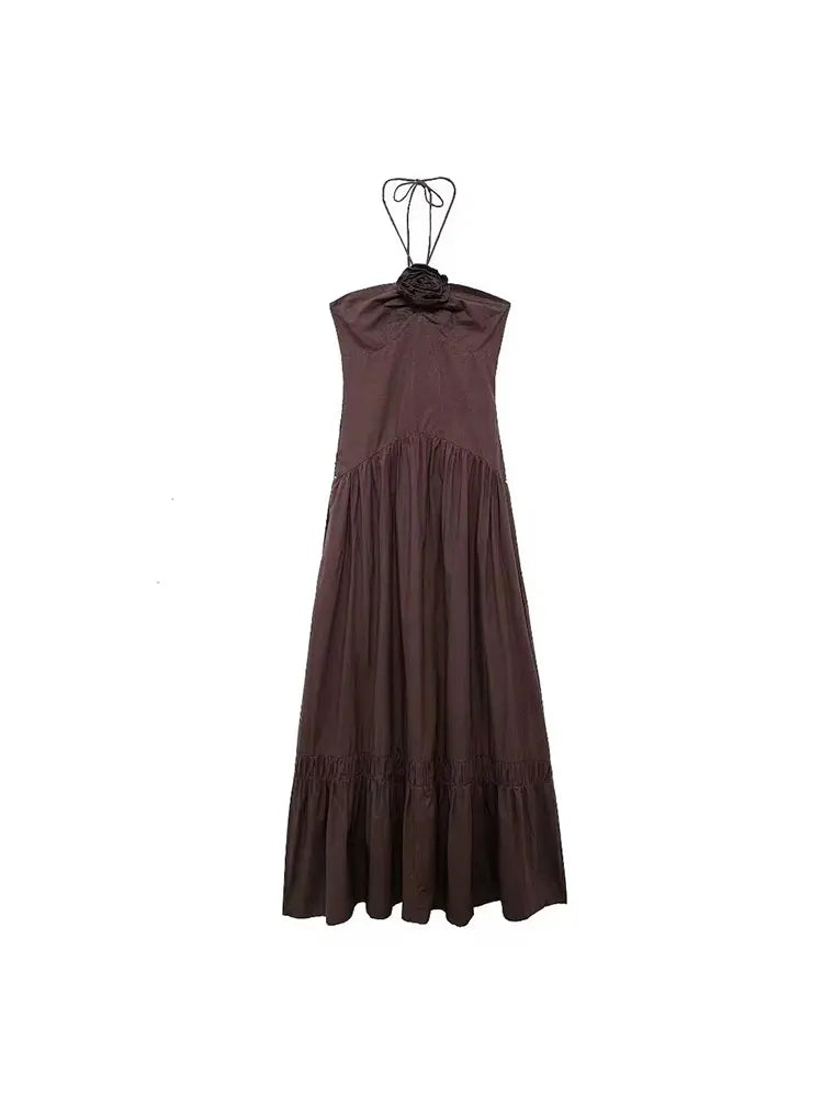 Maxi Dresses- Halter Neck Ruffle Maxi Dress for Outdoor Gatherings- Brown- Pekosa Women Fashion