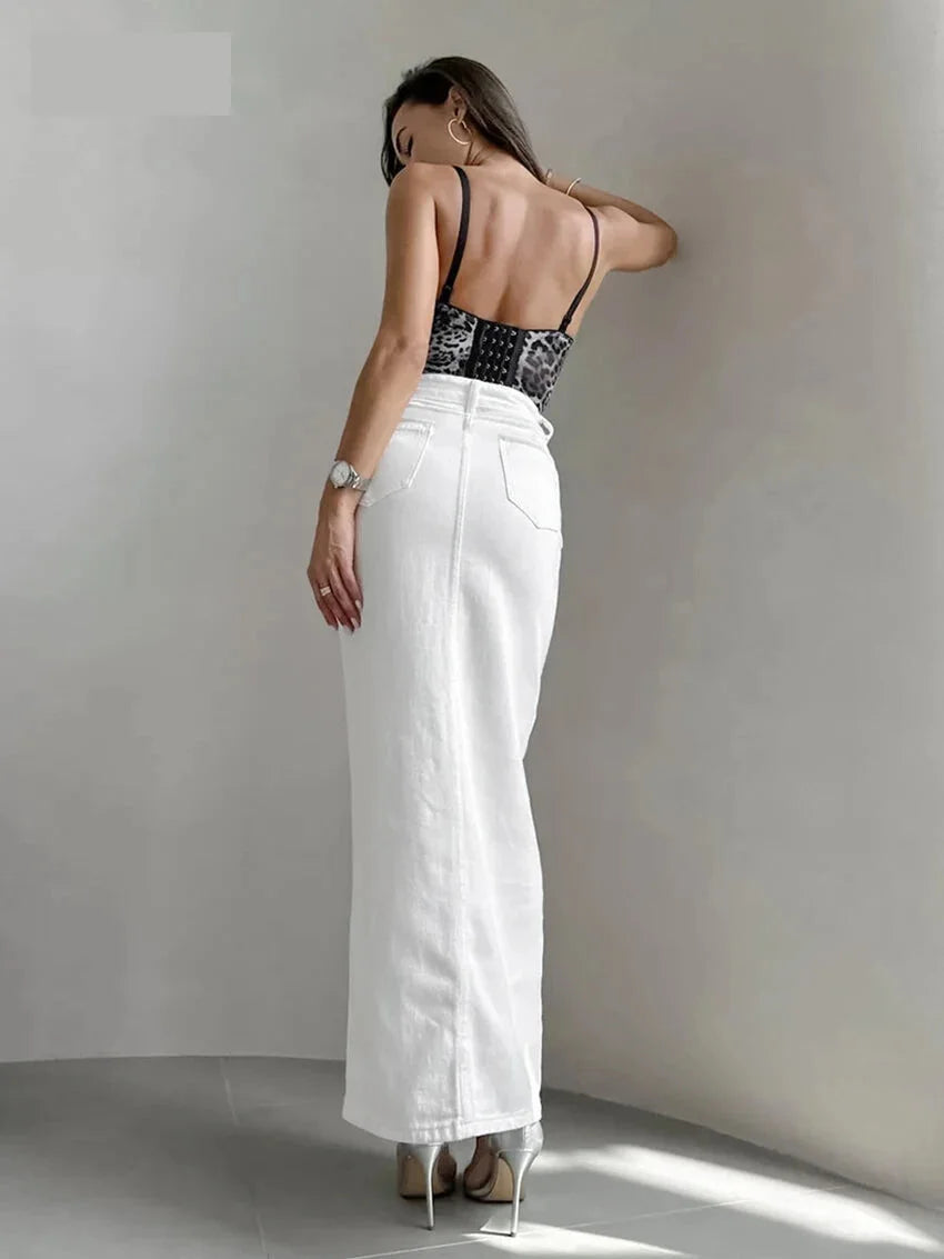 Maxi Dresses - High-Waist Button-Up Midi-Maxi Skirt in Cotton