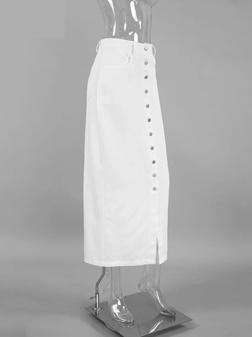 Maxi Dresses - High-Waist Button-Up Midi-Maxi Skirt in Cotton