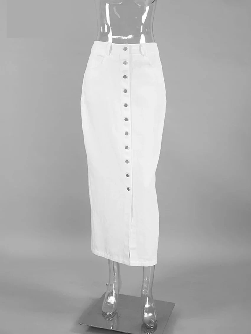 Maxi Dresses - High-Waist Button-Up Midi-Maxi Skirt in Cotton