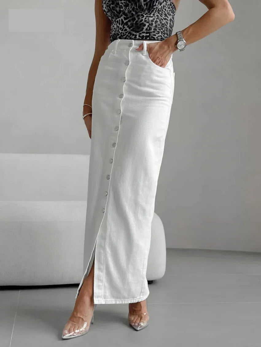 Maxi Dresses - High-Waist Button-Up Midi-Maxi Skirt in Cotton