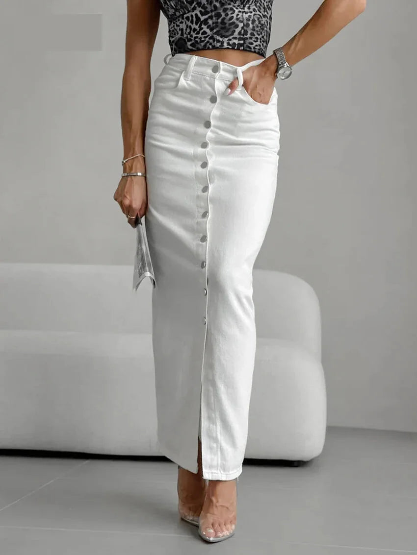 Maxi Dresses - High-Waist Button-Up Midi-Maxi Skirt in Cotton