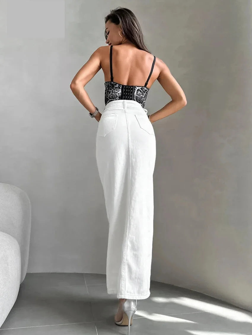 Maxi Dresses - High-Waist Button-Up Midi-Maxi Skirt in Cotton