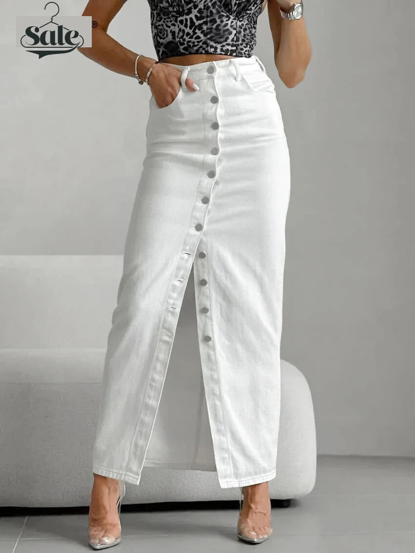 Maxi Dresses - High-Waist Button-Up Midi-Maxi Skirt in Cotton