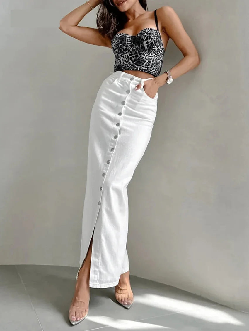 Maxi Dresses - High-Waist Button-Up Midi-Maxi Skirt in Cotton